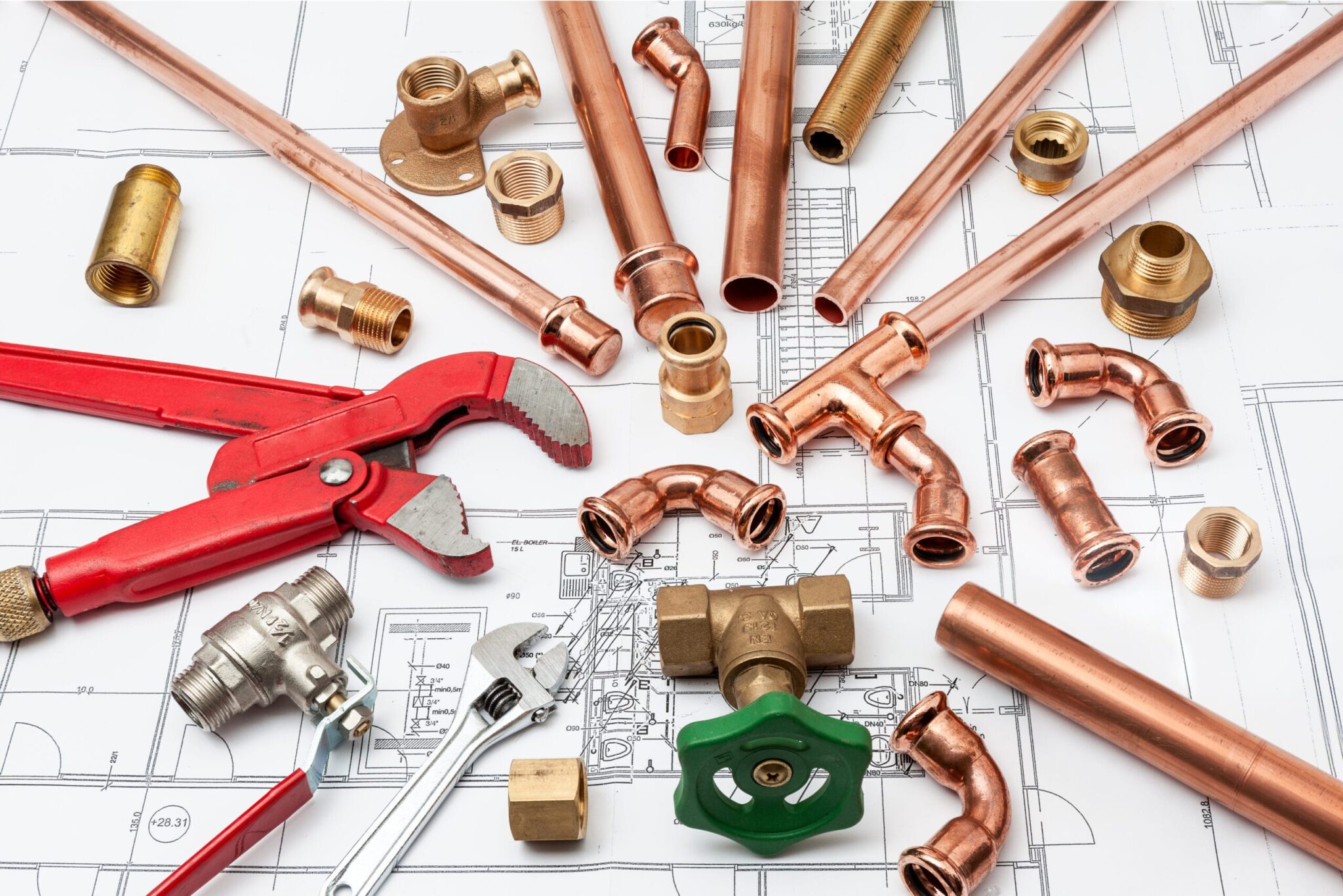 Copper pipes, fittings, valves, and plumbing tools in Pompano Beach