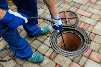 Plumber cleaning an outdoor sewer drain in Pompano Beach