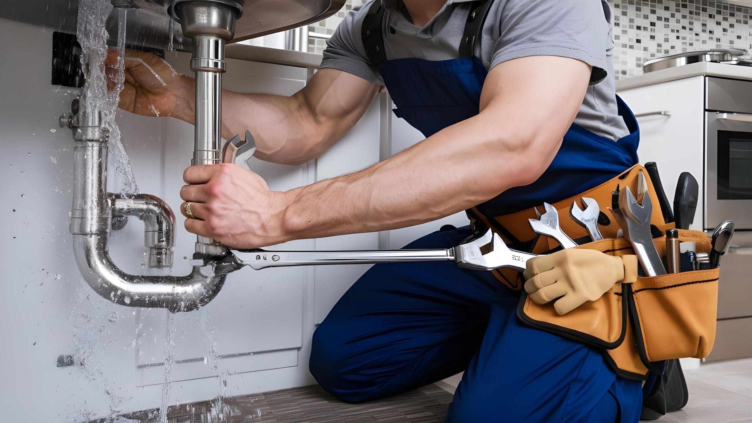 Plumber tightening a residential plumbing pipe in Pompano Beach