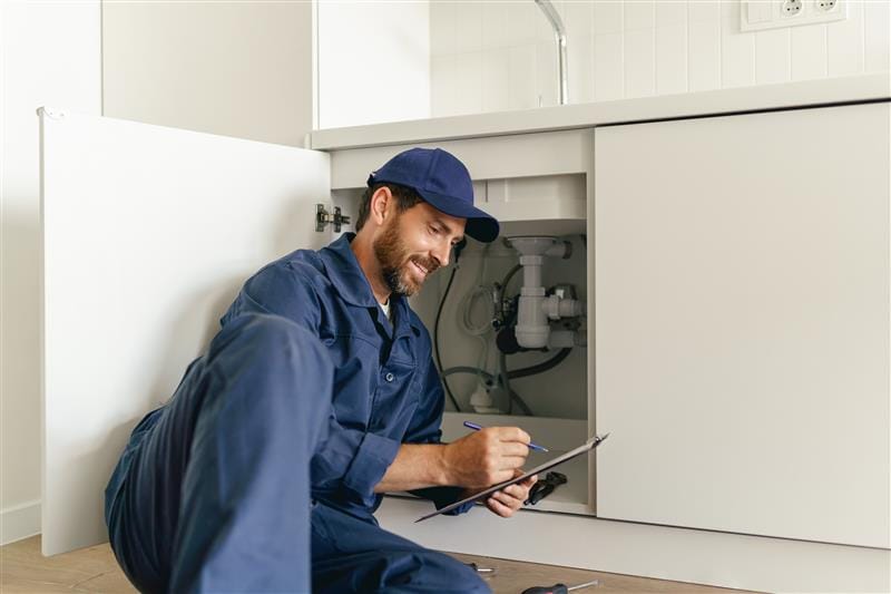 Residential plumber reviewing plumbing repairs in a Pompano Beach kitchen