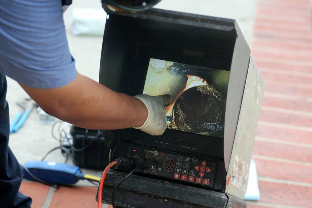 Technician viewing a drain inspection camera in Pompano Beach