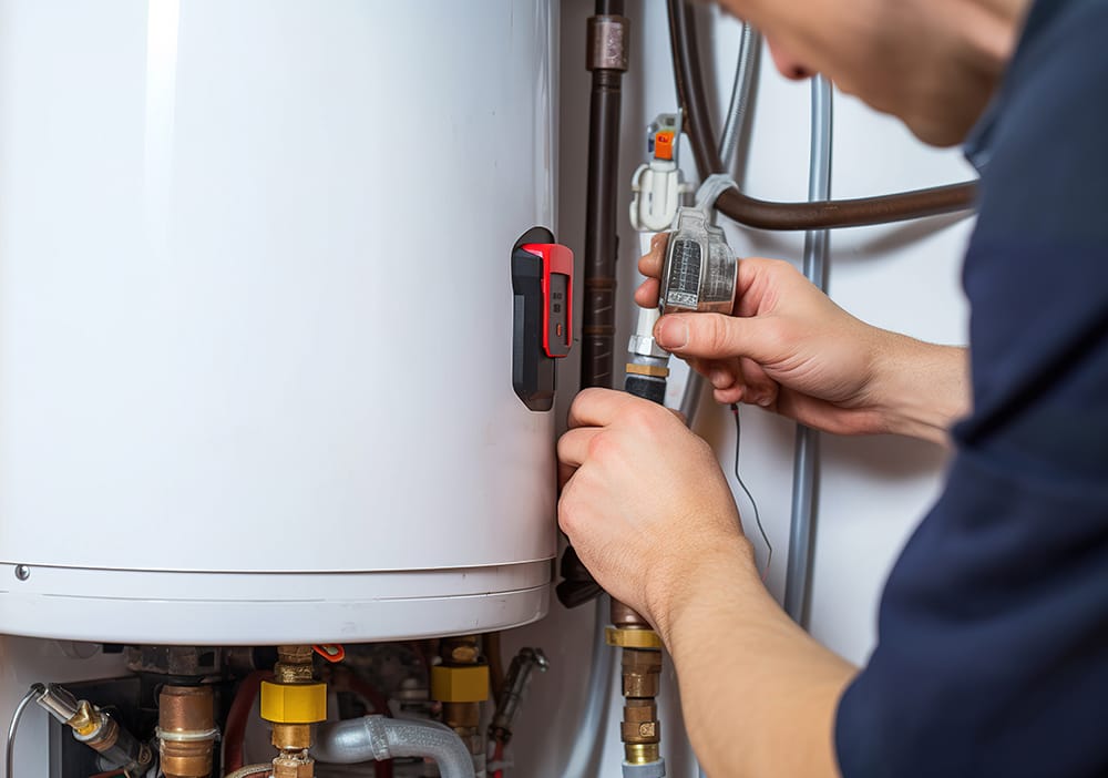 Technician repairing pipes connected to a water heater in Pompano Beach